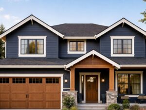 ホワイトの窓枠が印象的なネイビーの住宅