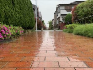 雨に濡れる住宅街のレンガ遊歩道
